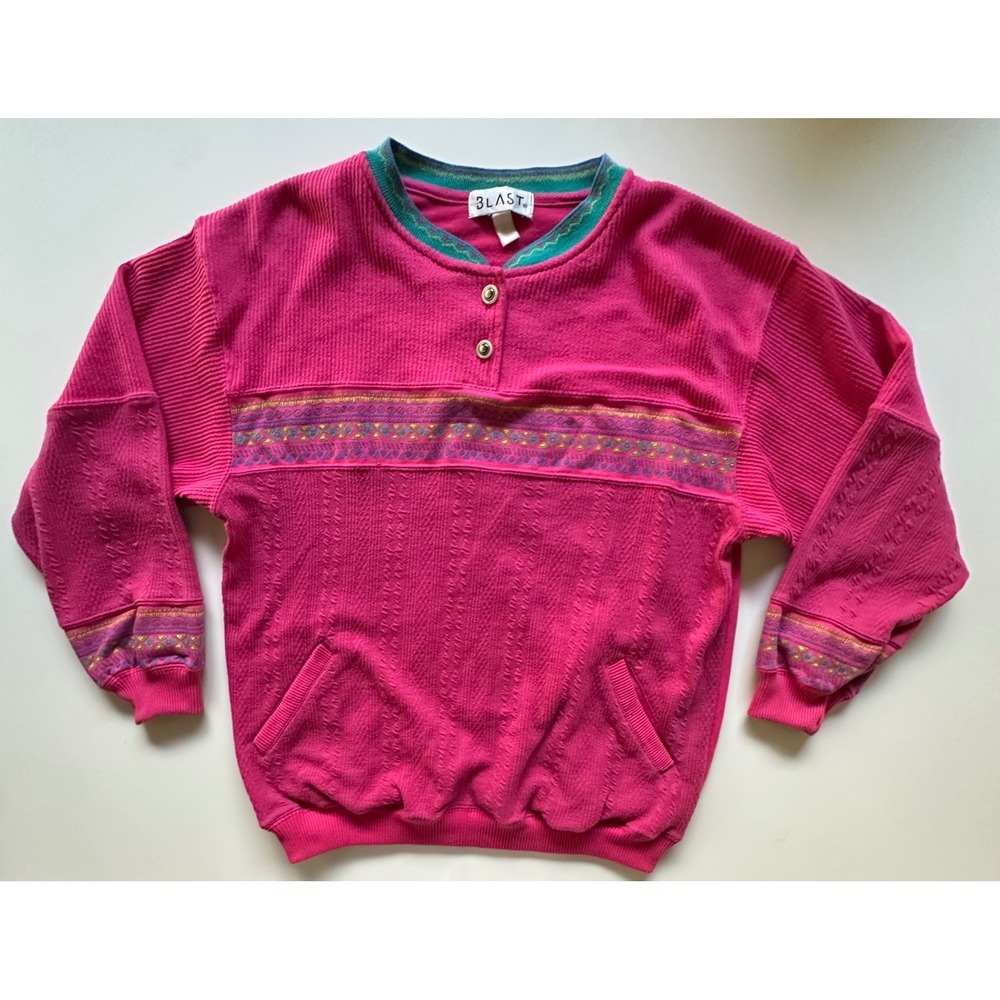 Vtg 80s Blast Henley Sweatshirt Magenta Pink Textured Knit Kangaroo Pocket M